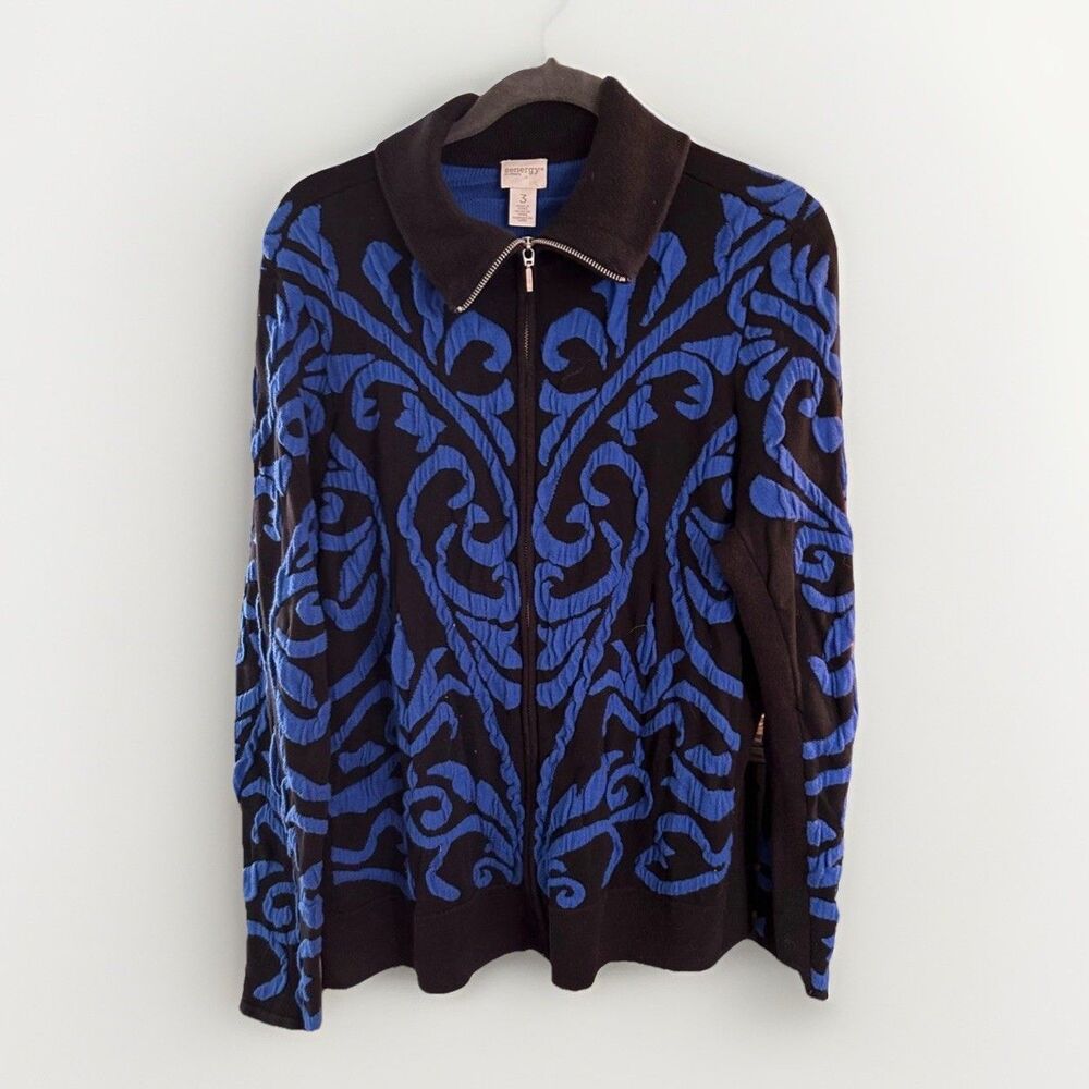 ZENERGY By CHICO’S Hattie Swirl Sweater Jacket Full Zip Blue & Black Collared 3‎